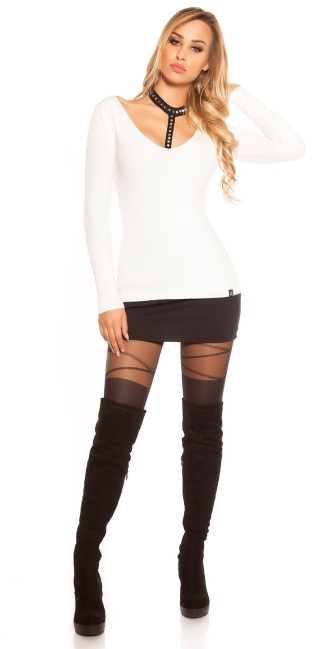 Trendy V-Cut sweater with choker & rivets White